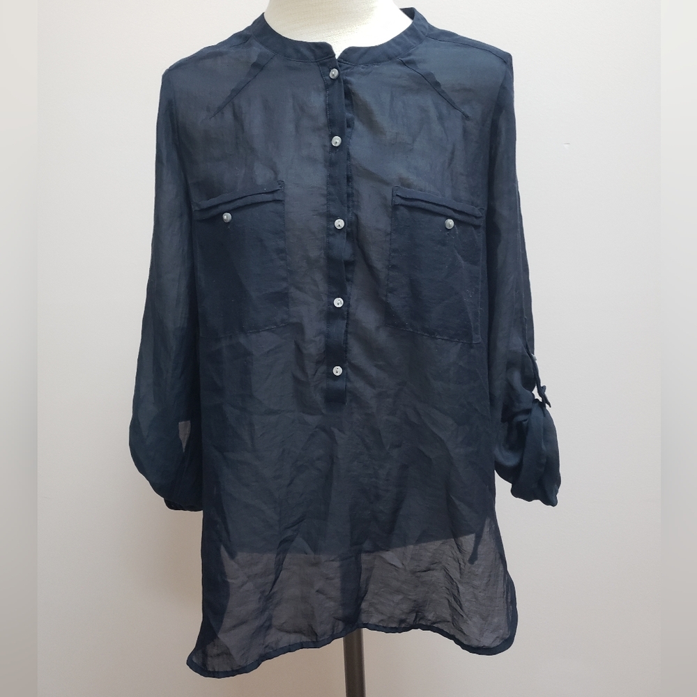 Loft Navy Blue Semi-sheer Popover Shirt with Roll Tab Sleeves, Size Small